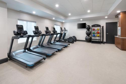 a gym with a row of treadmills and weights at Springhill Suites by Marriott Conyers in Conyers
