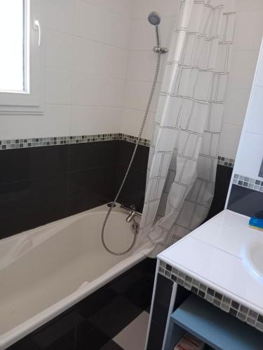 La salle de bains est pourvue d'une baignoire avec rideau de douche. dans l'établissement MAISON 9 COUCHAGES AVEC PISCINE, à Soustons