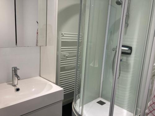 une salle de bain avec un lavabo et une douche en verre dans l'établissement Appartement moderne 2 chambres avec balcon face mer, WiFi et parking à Saint-Jean-de-Monts - FR-1-323-117, à Saint-Jean-de-Monts