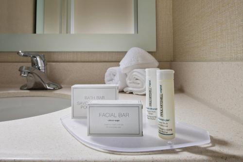 蘭辛的住宿－SpringHill Suites by Marriott Lansing，浴室盥洗盆上带两个产品的浴室台