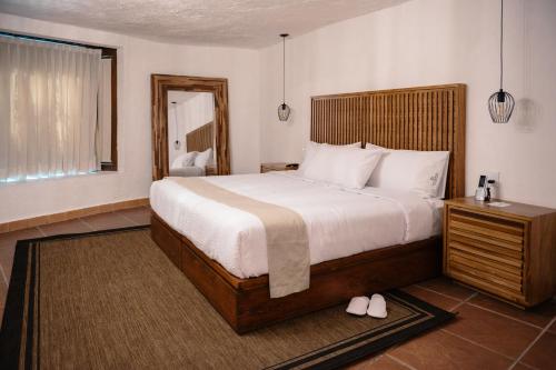 a bedroom with a large bed and a mirror at BOTANIQ HOTEL BOUTIQUE in Valle de Bravo