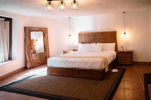 a bedroom with a large bed and a mirror at BOTANIQ HOTEL BOUTIQUE in Valle de Bravo