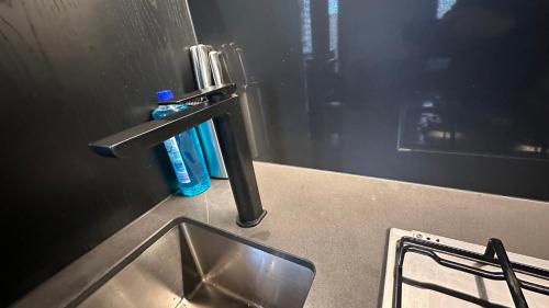 - un lavabo avec robinet et une bouteille d'eau dans l'établissement Nest Apartments MEET Empire, à Melbourne