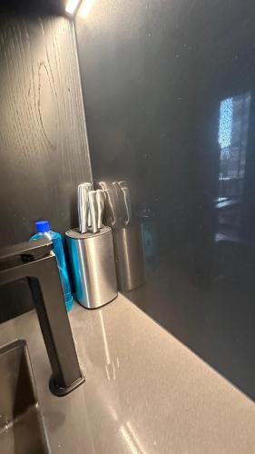 a kitchen counter with two silver trash cans on it at Nest Apartments MEET Empire in Melbourne