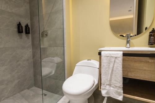 a bathroom with a toilet and a shower and a sink at Sonata 44 Hotel Laureles in Medellín