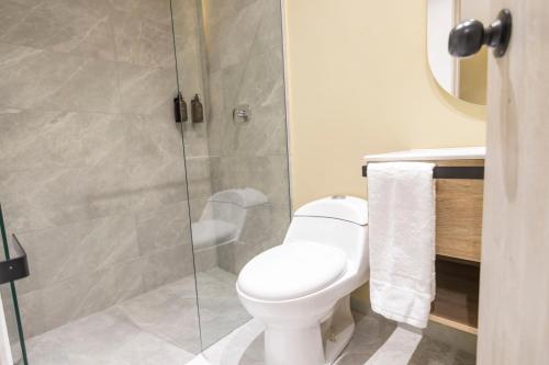 a bathroom with a toilet and a glass shower at Sonata 44 Hotel Laureles in Medellín
