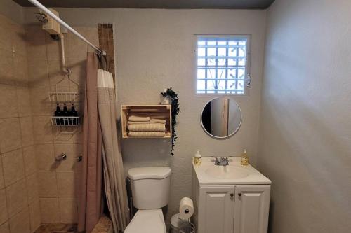 a bathroom with a toilet and a sink and a shower at Trujillo Alto Quiet and Cozy, Fully Equipped and Pet-Friendly in Trujillo Alto