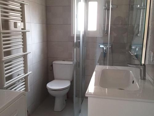 La salle de bains est pourvue de toilettes, d'une douche et d'un lavabo. dans l'établissement Appartement Port-Vendres, 2 pièces, 4 personnes - FR-1-309-434, à Port-Vendres