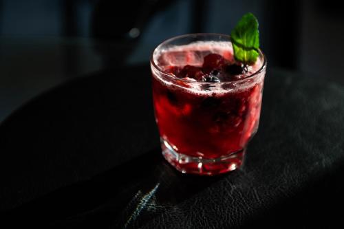 a red drink with a green leaf in a glass at BOTANIQ HOTEL BOUTIQUE in Valle de Bravo