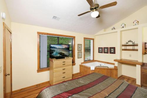 a bedroom with a bed and a television and a sink at The Bird Hallar in Gatlinburg