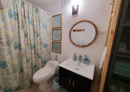 een badkamer met een wastafel, een toilet en een spiegel bij 6-Person BeachFront/Pool Apt at Isabela, PR in Isabela