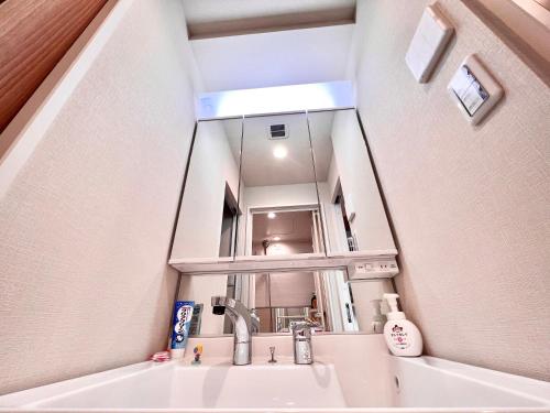 La salle de bains est pourvue d'un lavabo et d'un miroir. dans l'établissement Tokyo Shinjuku INN, à Tokyo