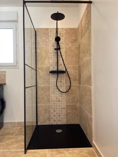 a shower with a glass enclosure in a bathroom at Gîte la Chotinière in Mareuil-sur-Cher
