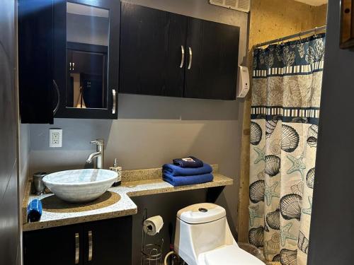 a small bathroom with a sink and a toilet at Ocean View 2 BR Condo in Tijuana