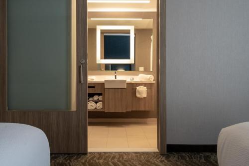 SpringHill Suites by Marriott Woodbridge في وودبريدج: حمام مع حوض ومرآة