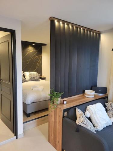 une chambre avec un lit et un canapé dans une pièce dans l'établissement Studio en rez-de-jardin, à Gourdon