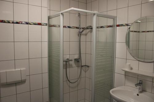 baño con ducha y puerta de cristal en Landhotel Garni am Mühlenwörth, en Tauberbischofsheim