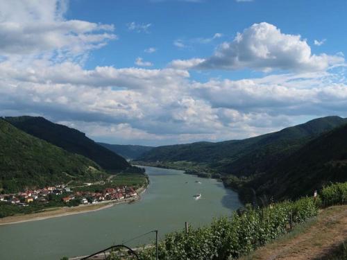a view of a river with mountains in the background at Holiday apartment summer Wachau 2 in Spitz