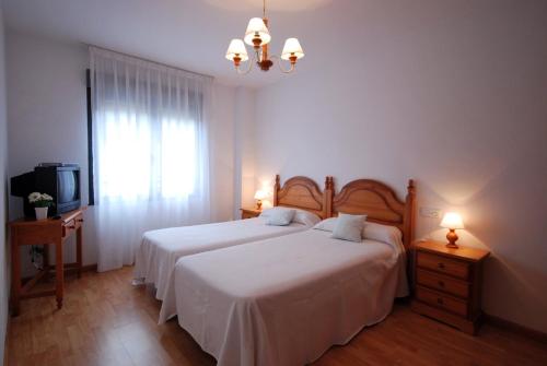 1 Schlafzimmer mit 2 Betten, einem TV und einem Fenster in der Unterkunft Pension Paseo Real in Cangas de Onís
