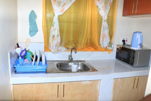 um balcão de cozinha com um lavatório e uma janela em Chaka Homes em Kiganjo
