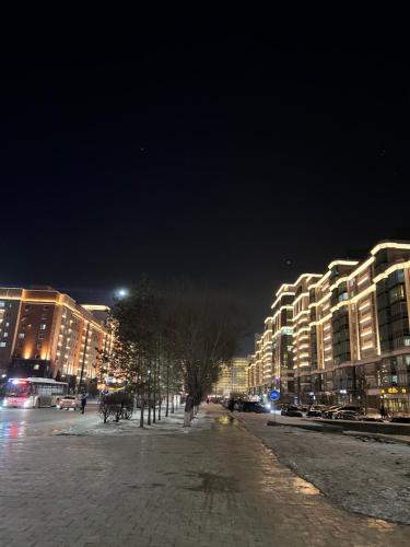a city street at night with tall buildings at 7 Очень теплая и уютная квартира возле Байтерека для 1-4 чел кровать и диван in Astana