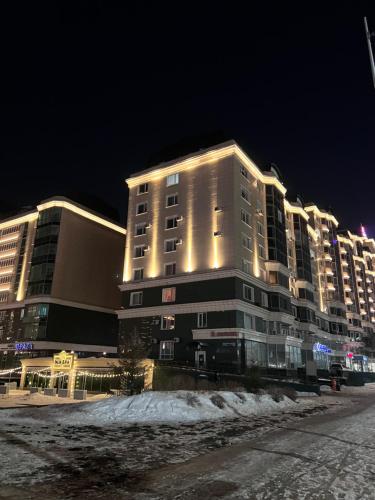 a large building with lights on it at night at 452 Возле Байтерека для компании 1-6 человек с 2 кроватями и диваном in Astana