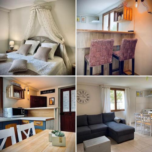 quatre photos différentes d'une chambre et d'un salon dans l'établissement Le Cottage du Brask, à La Motte-du-Caire