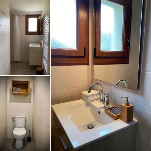 une salle de bain avec un lavabo, des toilettes et un miroir dans l'établissement Le Cottage du Brask, à La Motte-du-Caire