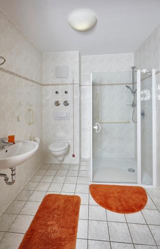 a bathroom with a shower and a sink at Hotel & Residenz Am Kurpark in Schlangenbad