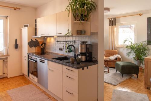 uma cozinha com armários brancos e um forno com placa de fogão em Ferienwohnung Fichtelsonne em Fichtelberg