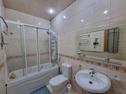 a bathroom with a toilet and a sink and a shower at Malakan apartment in Baku