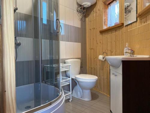 ein Bad mit einer Dusche, einem WC und einem Waschbecken in der Unterkunft Oaza Ławki in Ryn