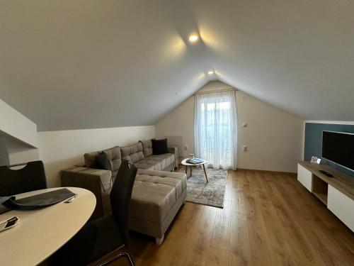 a living room with a couch and a table at Apartmani Lotus Vrdnik in Vrdnik