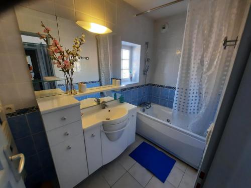 y baño con lavabo, aseo y bañera. en Les Romarins, appartement impeccable et son parking privé, en Nyons