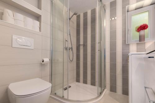 uma casa de banho com um chuveiro e um WC. em Stancia Rosa - apartment Kiwi em Poreč