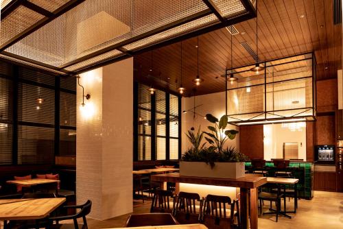 a dining room with tables and chairs in a restaurant at HOTEL FORZA HAKATAEKI CHIKUSHIGUCHI Ⅱ in Fukuoka
