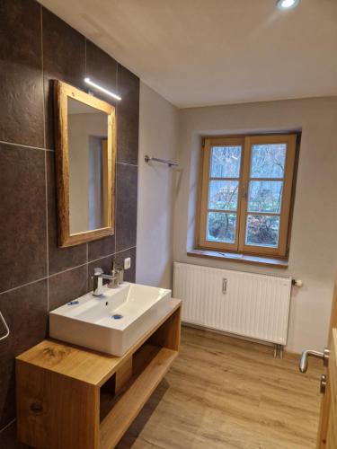 La salle de bains est pourvue d'un lavabo blanc et d'un miroir. dans l'établissement Sonnseitn FW, à Bad Heilbrunn