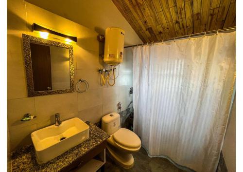 a bathroom with a sink and a toilet and a mirror at Stoneshed Resort And Hotel in Nainital
