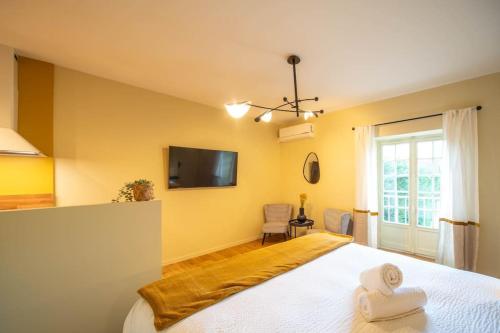 a bedroom with a bed and a flat screen tv at Château de Dracy - La Pétillante in Dracy-le-Fort
