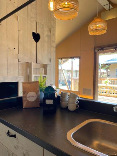 een keuken met een aanrecht met een wastafel en een aanrecht bij Vakantiepark de Molenhoek in Kamperland