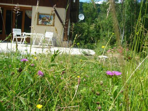 a garden with flowers in front of a house at Gite de Mailhac in Loubières