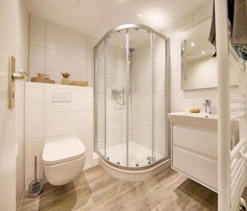 a bathroom with a shower and a toilet and a sink at Dünenglück, Ferienwohnung 21 in Cuxhaven
