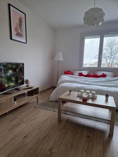 a bedroom with a bed and a tv and a table at Studio confort in Fleury-les-Aubrais