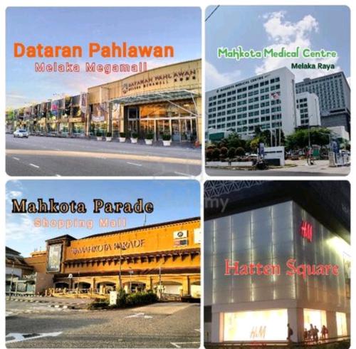 un grupo de cuatro fotos de diferentes edificios en Homestay Melaka Mahkota Melaya Raya en Melaka