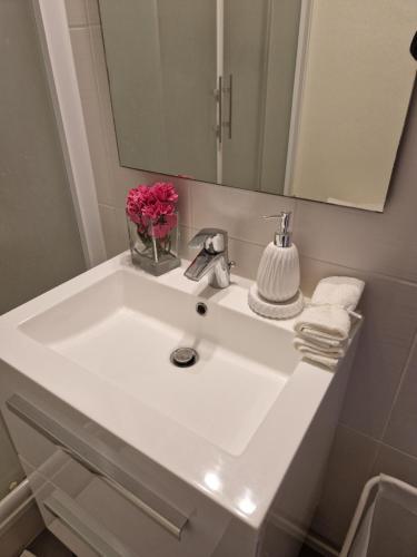 a bathroom sink with a vase of flowers on it at Studio confort in Fleury-les-Aubrais