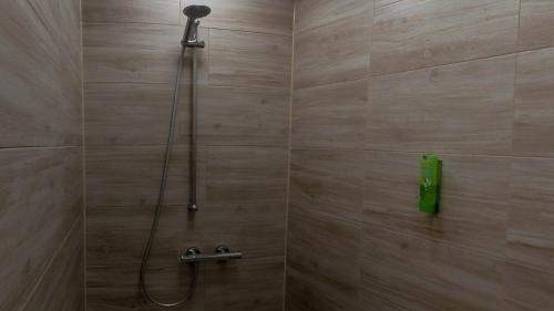 a bathroom with a shower with a green phone at Eleonoras Ferienwohnung in Würzburg Stadt mit Terrasse im Erdgeschoss inklusive eigenen Parkplätzen vor der Tür in Würzburg