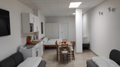 a kitchen and living room with a table and a couch at Eleonoras Ferienwohnung in Würzburg Stadt mit Terrasse im Erdgeschoss inklusive eigenen Parkplätzen vor der Tür in Würzburg