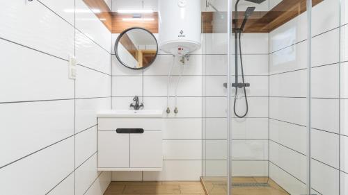 a bathroom with a shower with a sink and a mirror at Apartamenty Sun & Snow Nowodworska in Stegna