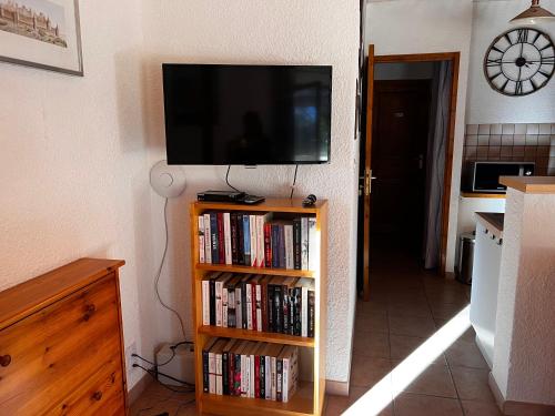 a living room with a television and a book shelf with dvds at l'Espinet Vacances in Quillan