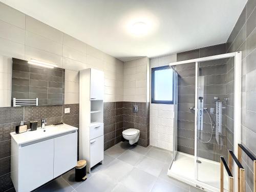 une salle de bain avec une douche, un lavabo et des toilettes dans l'établissement CALENZANA Appartement T3 avec vue mer !, à Calenzana
